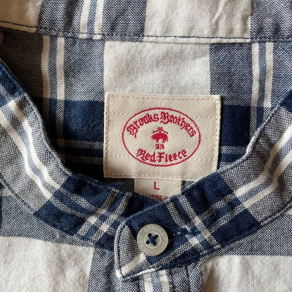 Brooks Brother's Men's Red Fleece Banded Collar Indigo Plaid Shirt - Picture 5 of 11